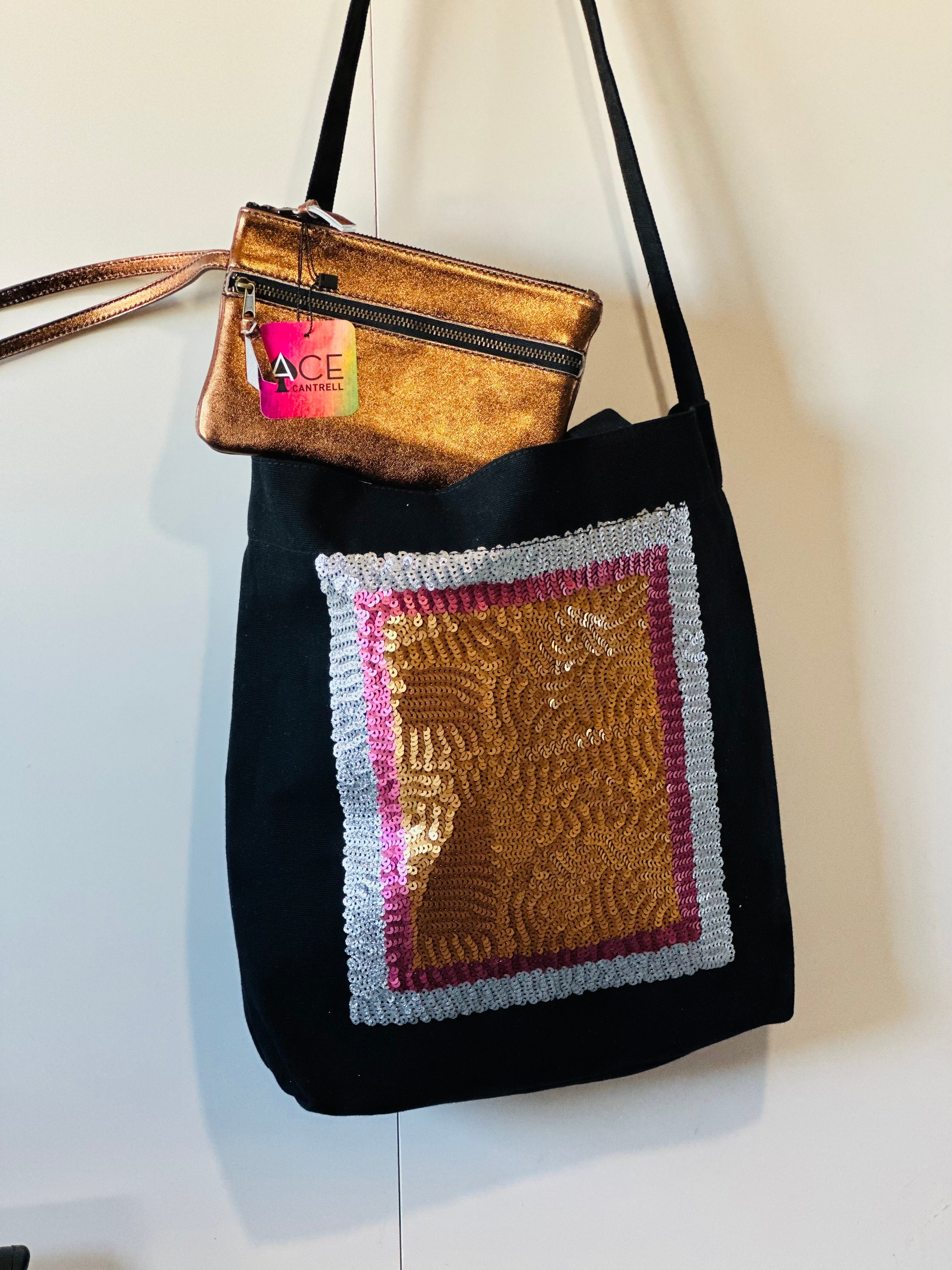 Sample Sale #38 Canvas Sequins Tote & leather metallic wristlet